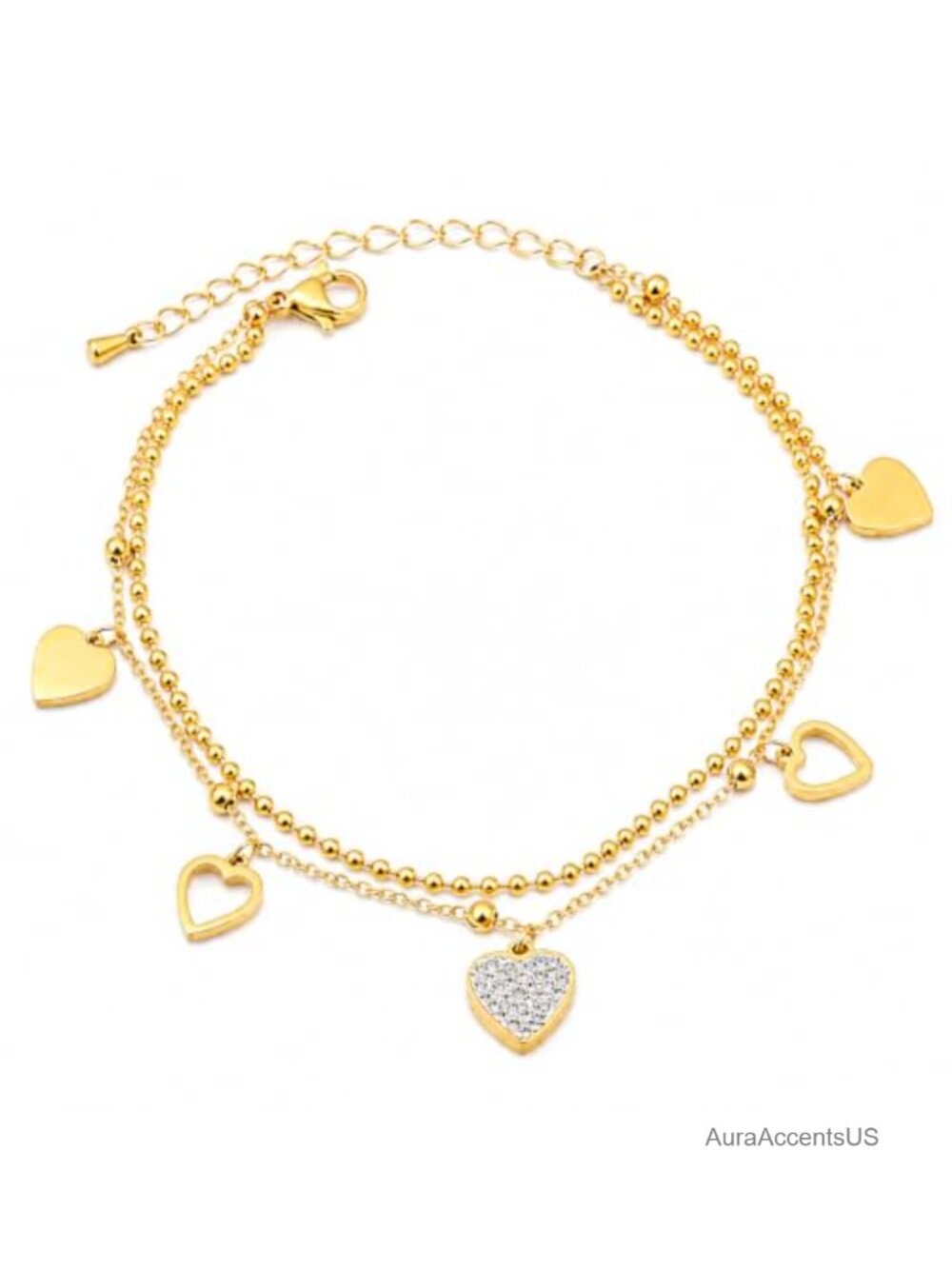 Double Layer Heart Charm Crystal Bracelet, Adjustable Beaded Jewelry for Women